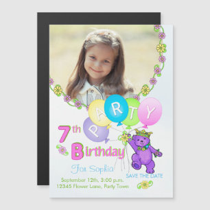 Magnétique Princess Bear Custom 7th Birthday Party Invitation