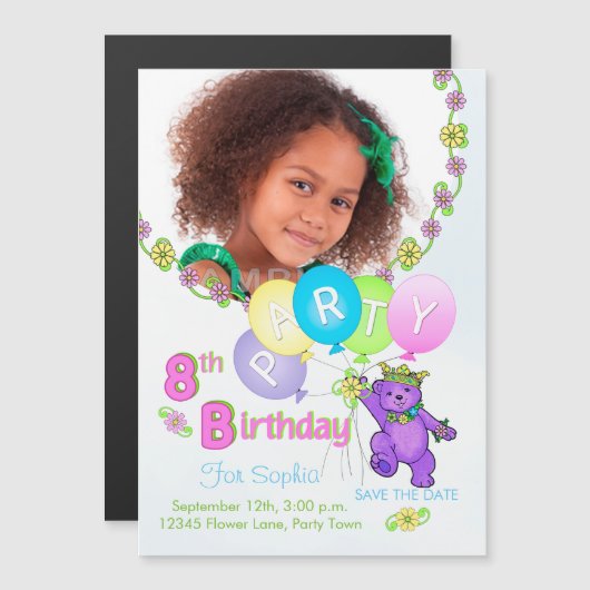 Magnétique Princess Bear Custom 8th Birthday Party Invitation (Devant / Derrière)