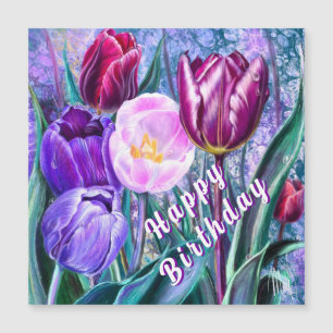 Magnetische verjaardagskaart met kleurrijke tulpen