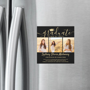 Magnetische Zwarte Gouden Afstudeerfoto Aankondigi Uitnodiging