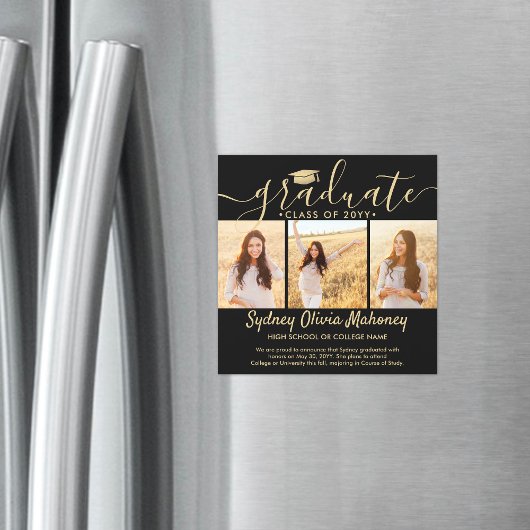 Magnetische Zwarte Gouden Afstudeerfoto Aankondigi Uitnodiging