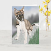 Magnifique carte de vœux vierge chiot Husky (Fleur jaune)