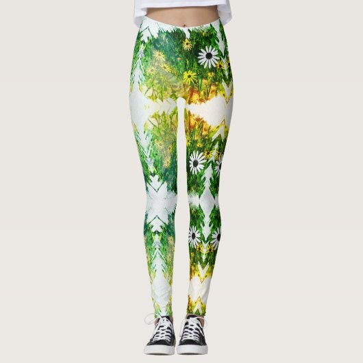 Magnifique Jaune Fleurs Blanches Leggings (Devant)