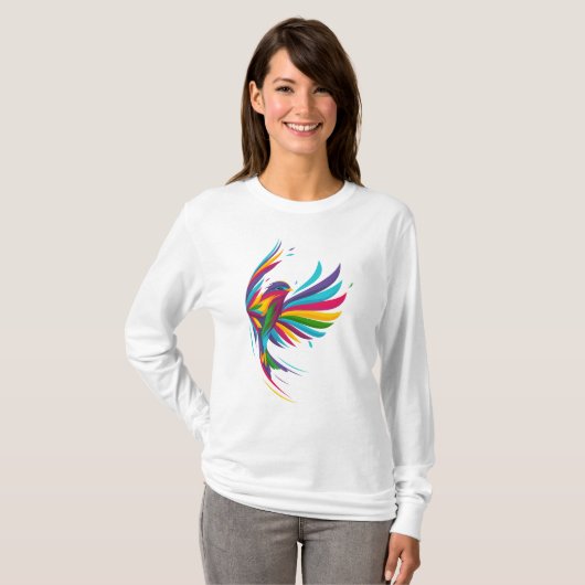 Magnifique T-shirt femme aux oiseaux multicolores (Devant entier)