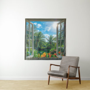 Magnifique Tapisserie Scénique Tropicale de Fenêtr