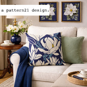 Magnolia afbeelding in indigo patroon kussen