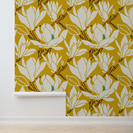 Magnolia afbeelding in mosterd patroon behang