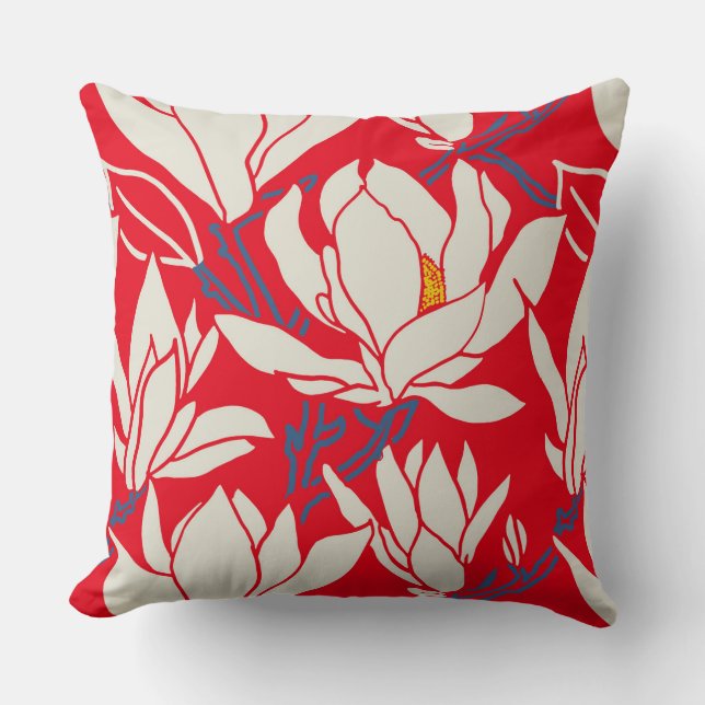 Magnolia-afbeelding in rood patroon kussen (Voorkant)