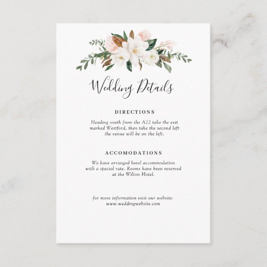 magnolia blanche et carte de détails mariage rose (Devant)