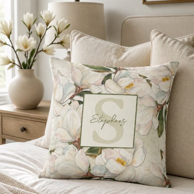 Magnolia Bloem Monogram Kussensloop Kussen (Creator heeft geüpload)