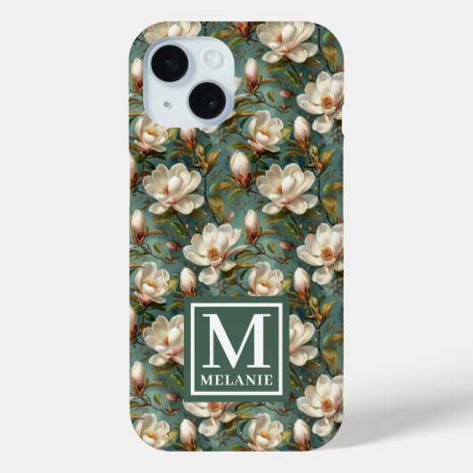 Magnolia Bloem Patroon Naam en Monogram Case-Mate iPhone Case (Achterkant)