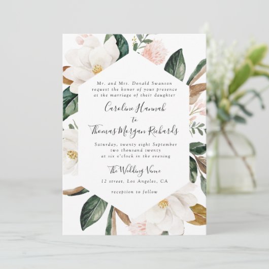 Magnolia Bloemen bruiloft uitnodiging (Staand voorkant)