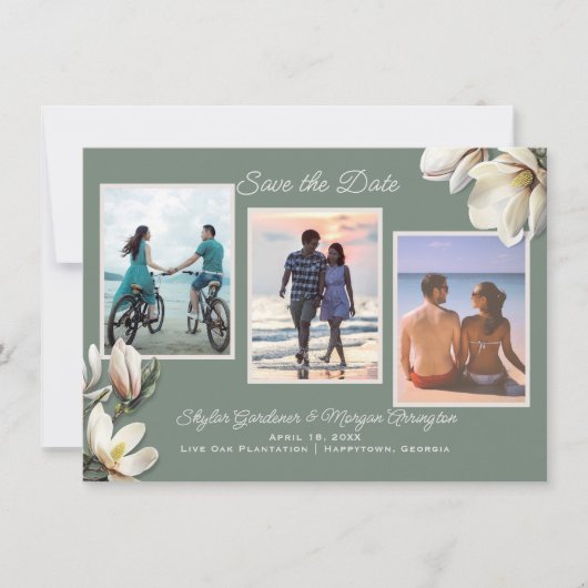 Magnolia Bloemen Drie Foto's Trouwuitnodiging Save Save The Date (Voorkant)