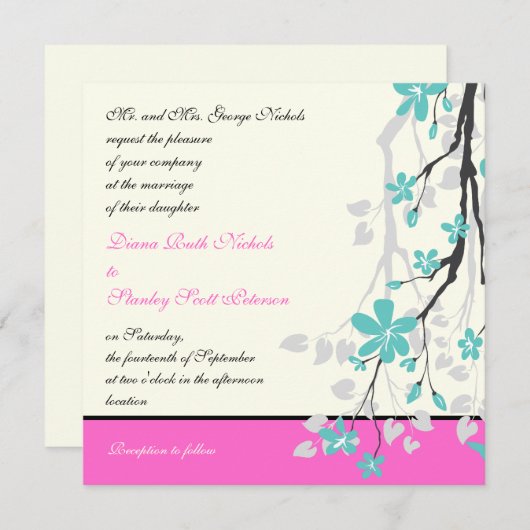 Magnolia bloemen turquoise, hete roze bruiloft kaart (Voorkant / Achterkant)