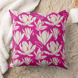 Magnolia bloempatroon in fuchsia kussen