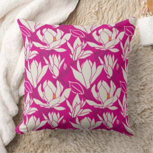 Magnolia bloempatroon in fuchsia kussen