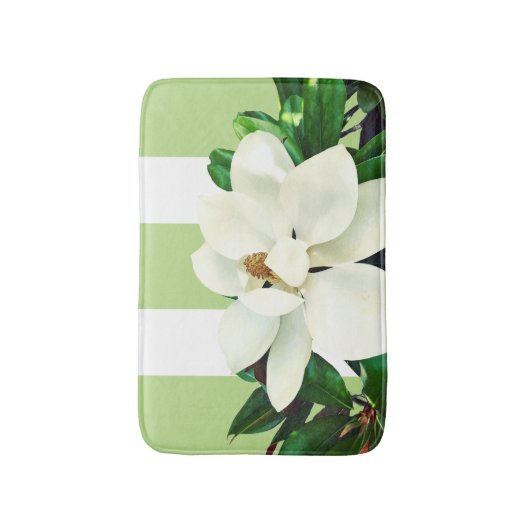 Magnolia Bloom | Groene en Witte gestripte Bath Ma Badmat (Voorkant Verticaal)