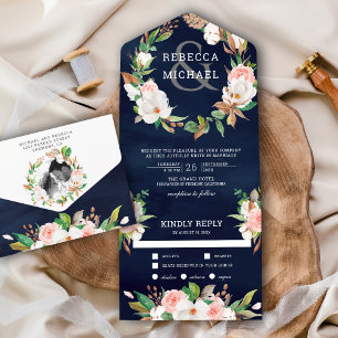 Magnolia Blush Pink Floral Wreath Navy Weddenschap All In One Uitnodiging