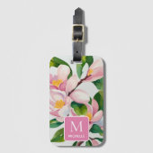 Magnolia Botanische Moderne Kunst Roze Monogram Bagagelabel (Voorkant (verticaal))