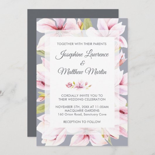 Magnolia Charm Floral Mariage Invitations (Devant / Derrière)
