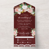 Magnolia Cotton Blush Pink Floral Burgundy Weddens All In One Uitnodiging (Binnen)