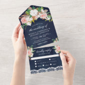 Magnolia Cotton Blush Pink Floral Navy Weddenschap All In One Uitnodiging (Afscheurbaar)
