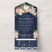 Magnolia Cotton Blush Pink Floral Navy Weddenschap All In One Uitnodiging (Binnen)