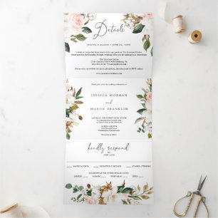 Magnolia Cotton Wedding Tri-Fold Invitations RSVP Drieluik Uitnodiging