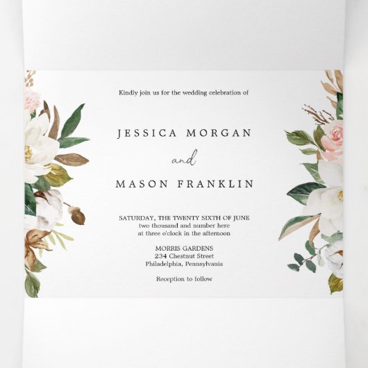 Magnolia Cotton Wedding Tri-Fold Invitations RSVP Drieluik Uitnodiging (Binnenkant midden)