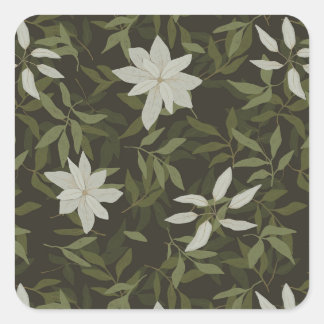 Magnolia en groen blad op zwart vierkante sticker