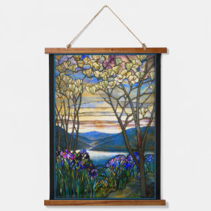 Magnolia en Iris Tiffany Glas in lood Tapestry Hangend Wandkleed