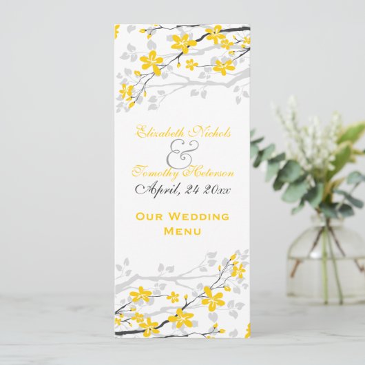 Magnolia fleurs jaune, gris mariage Carte menu (Debout devant)