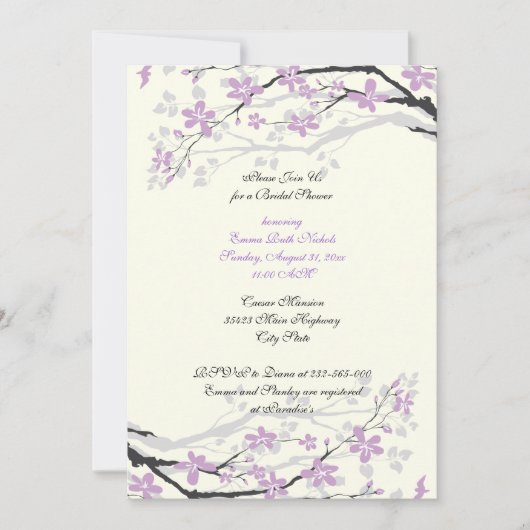 Magnolia fleurs violettes invitation douche nuptia (Devant)
