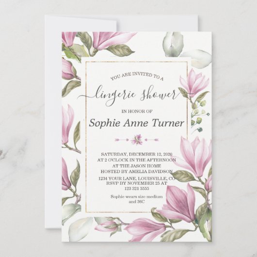 Magnolia Floral Gold Calligraphy Lingerie Shower Kaart (Voorkant)
