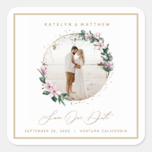 Magnolia Floral Gold Circle Foto van Save the Date Vierkante Sticker