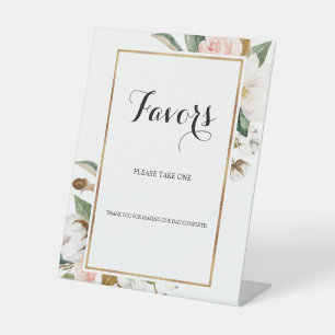 Magnolia Floral Wedding Favor Reclamebord Met Voetstuk