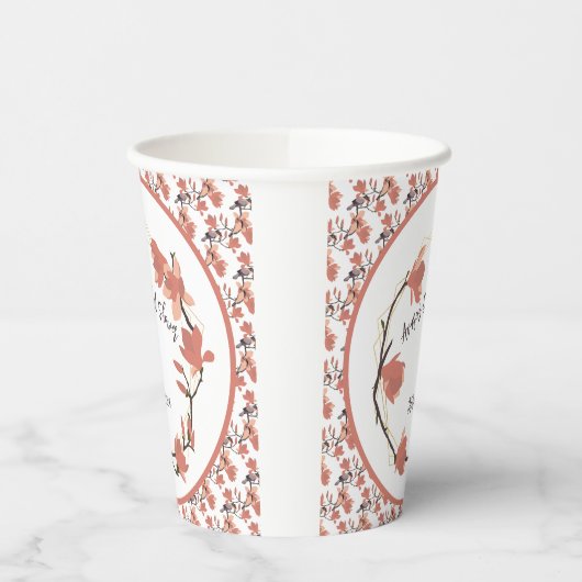 Magnolia Flowers in Coral Vrijgezellenfeest Papieren Bekers (Links)