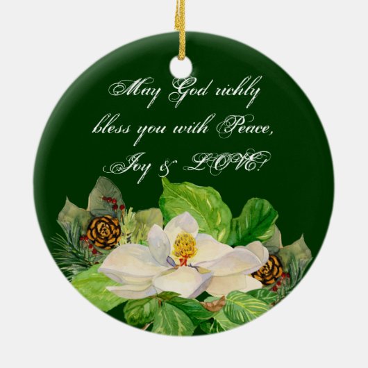 Magnolia in Pine Cone Damask Kerstversiering Keramisch Ornament (Achterkant)