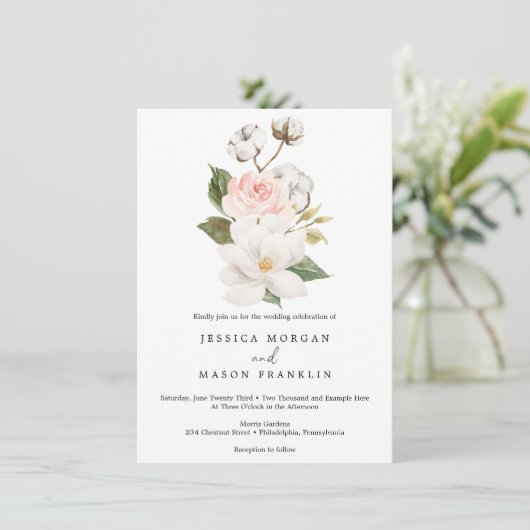 Magnolia katoen bruiloft uitnodiging (Staand voorkant)