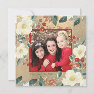Magnolia & Red Berry Gold Classic Foto met kerstmi Feestdagenkaart