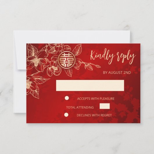 Magnolia Red Gold Chinese Wedding RSVP (Devant)