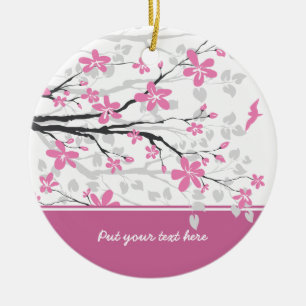Magnolia tak en roze bloemen op maat gemaakt ornam keramisch ornament