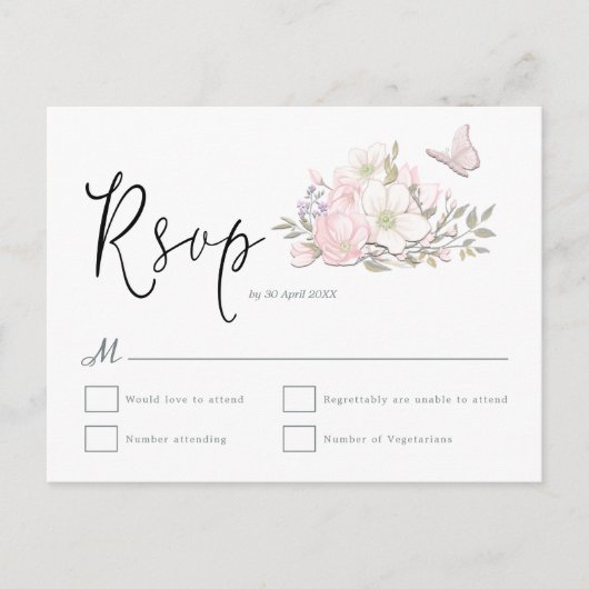 Magnolia Vlinder Waterverven Script Wedding RSVP Briefkaart (Voorkant)
