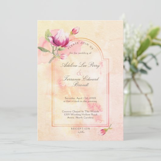 Magnolia Zonsondergang Perzik Aquarel Kaart (Staand voorkant)