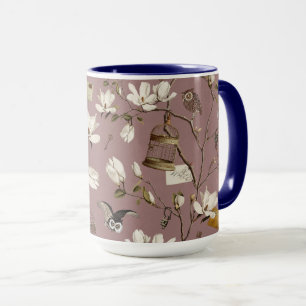 Magnoliabos met uilen in mauve roze mok