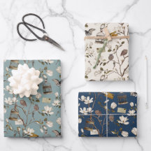 Magnoliaprieel met uilen in crèmekleur en blauw