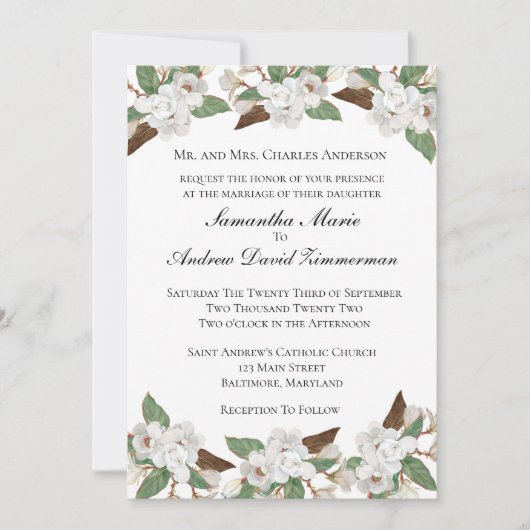 Magnolias blancs Invitation de mariage classique é (Devant)