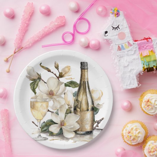 Magnolia's en Champagne Flessenglazen Bruiloft Papieren Bordje (Feest)