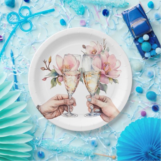 Magnolia's en Champagneglazen Bruiloft Papieren Bordje (Feest)