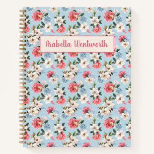 Magnolias et Œillets sur Cahier Personnalisé Bleu